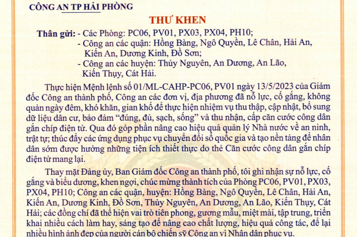 Giám đốc Công an thành phố gửi thư khen Công an một số đơn vị, địa phương